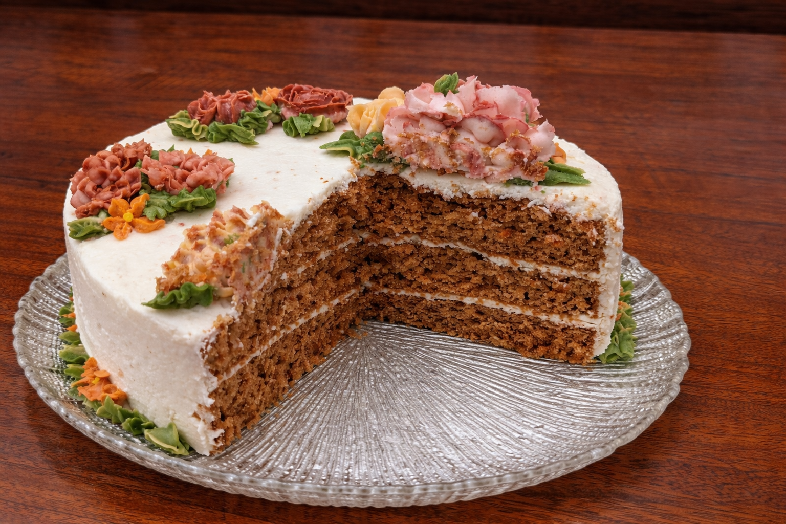 Carrot cake with buttercream flowers