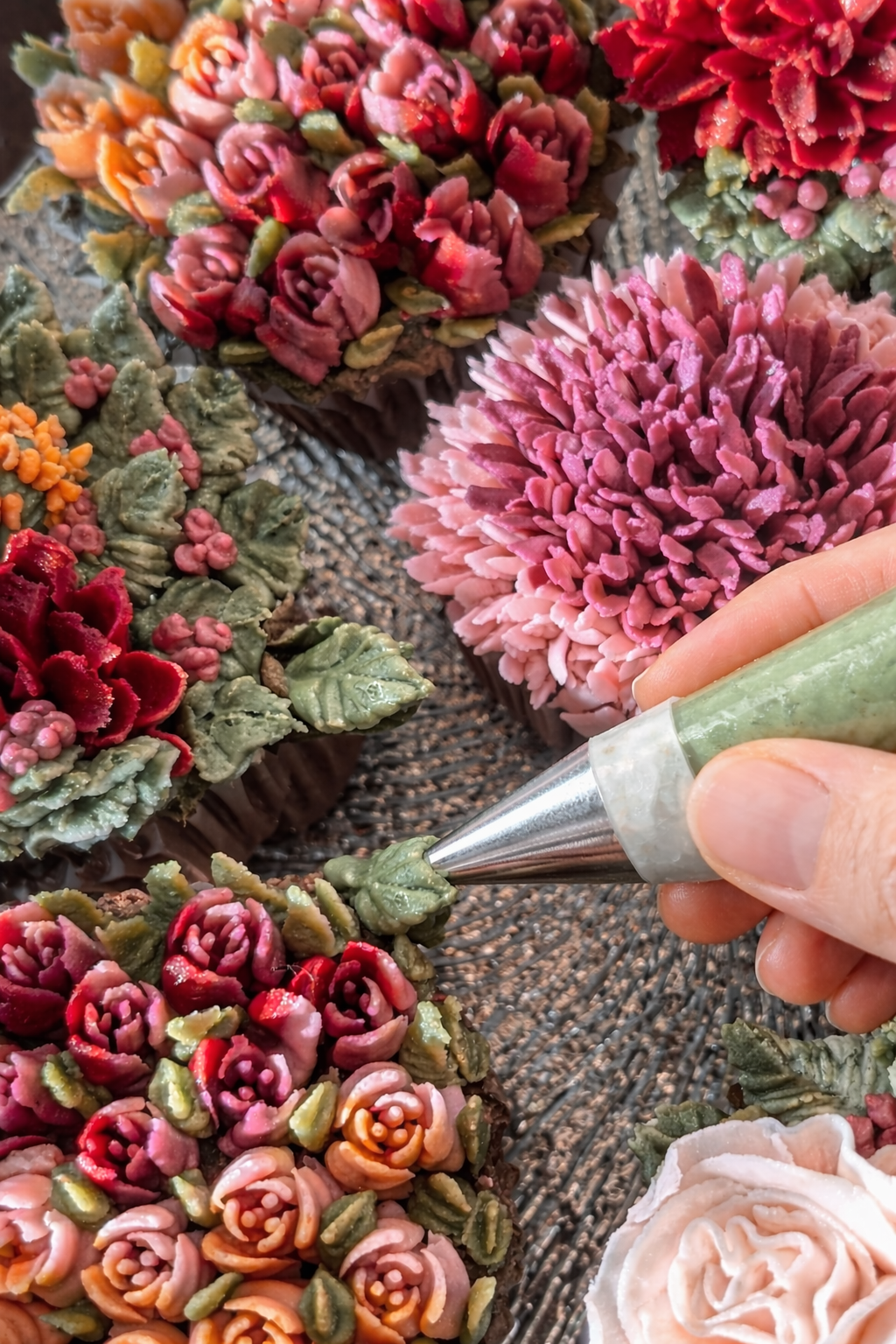 hand piping leaf on cake